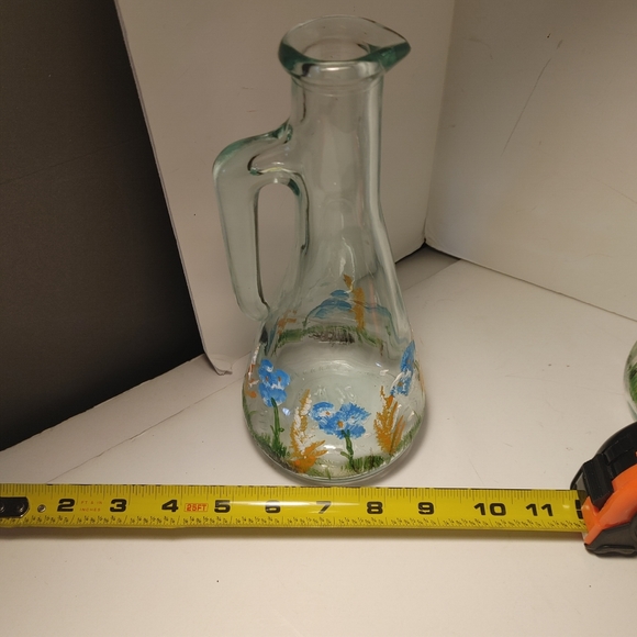 2 Green tinted Glass Hand Painted Vase or Cruet Italy - Picture 7 of 8